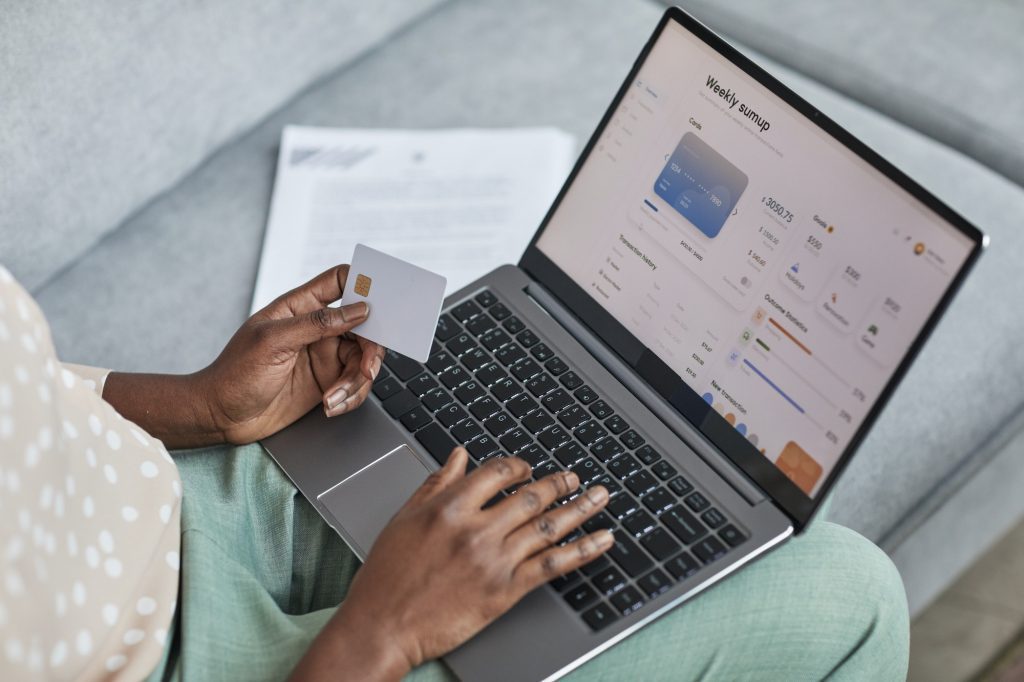 African American Woman Using Online Banking Close Up